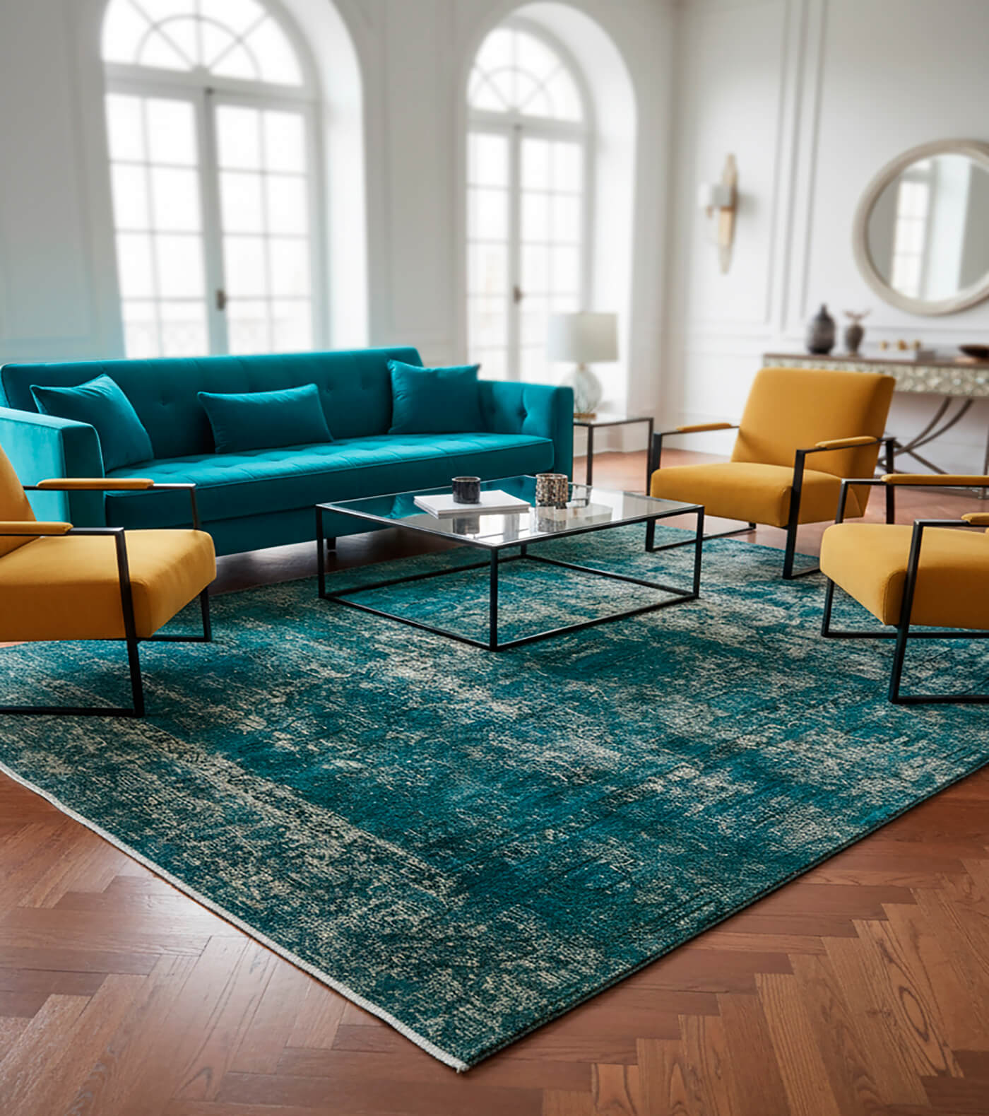A bright turquoise rug used to illustrate a successful blend of antiques and contemporary design in a living space