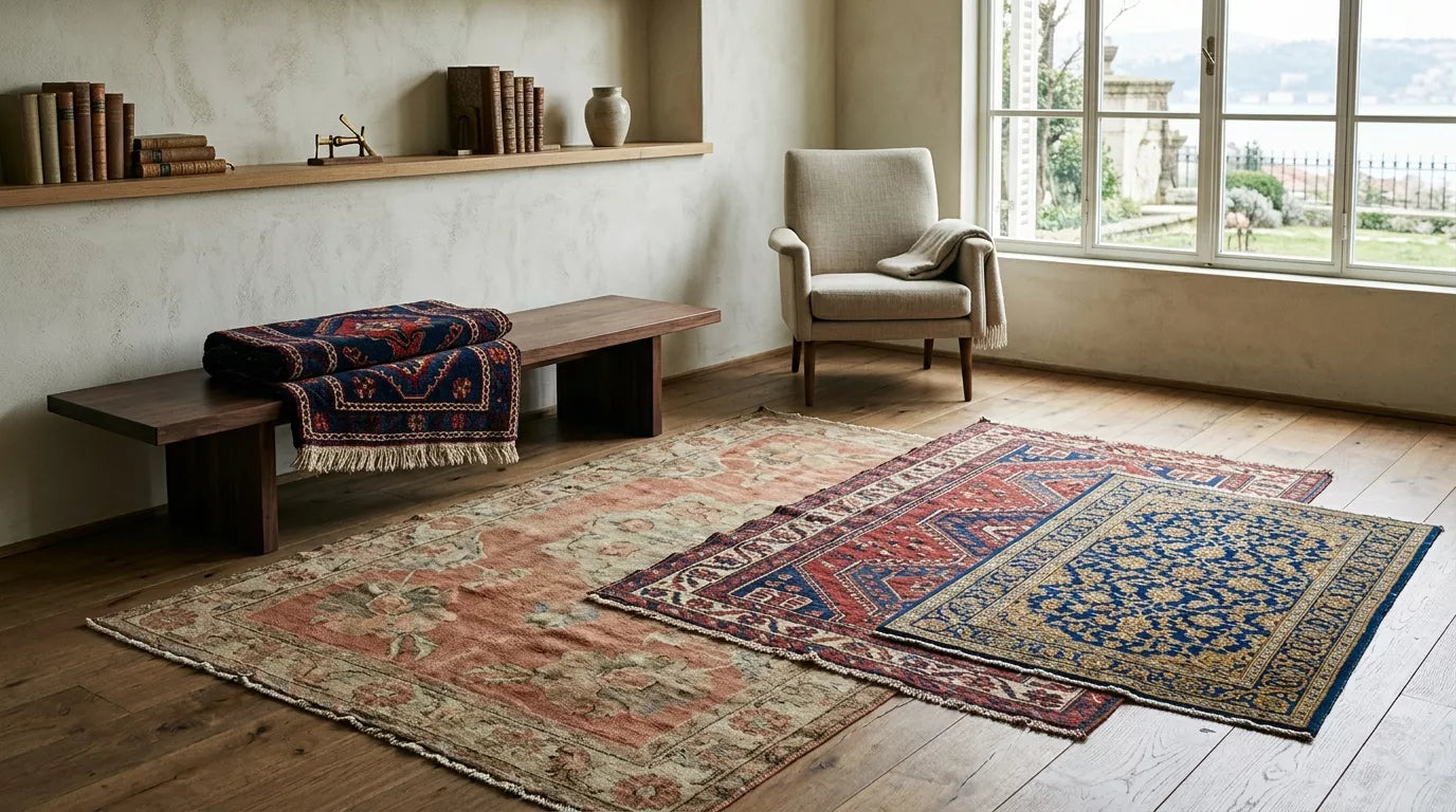 Editorial cover showing different Turkish rug styles and regional weaving traditions in a premium interior setting