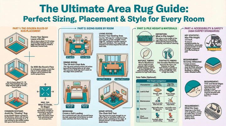 Ultimate area rug sizing and placement guide infographic showing living room, bedroom, dining room and home office rug size rules