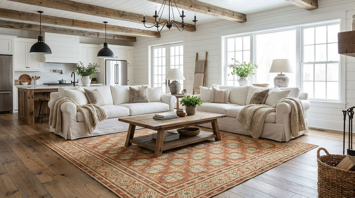 Authentic vintage Turkish rug in a bright modern living room, showcasing traditional patterns and natural dyes.