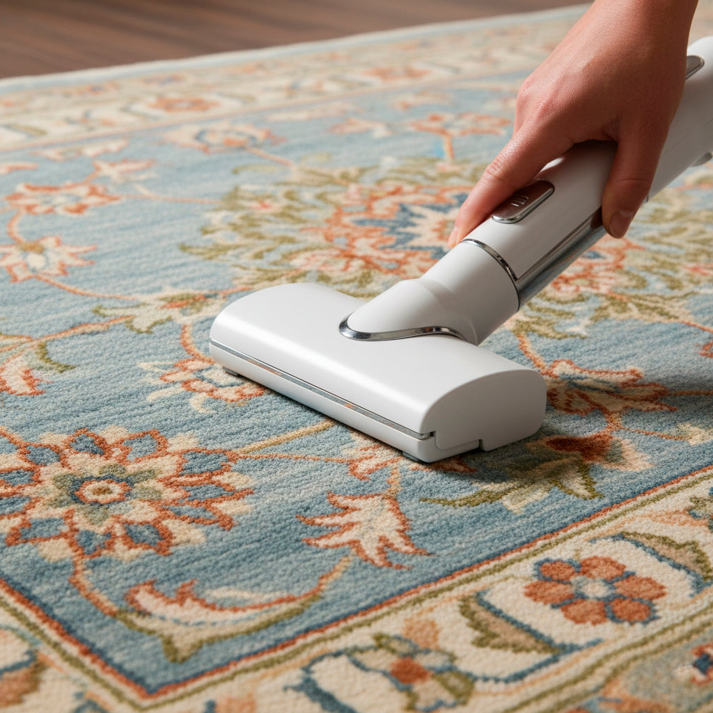 Close-up of a person vacuuming a light blue, patterned, hand-knotted wool rug to remove dirt and dust