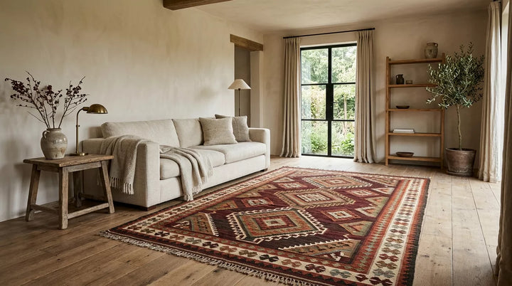 Vintage Anatolian kilim rug styled in a warm living room with geometric motifs and flatwoven texture