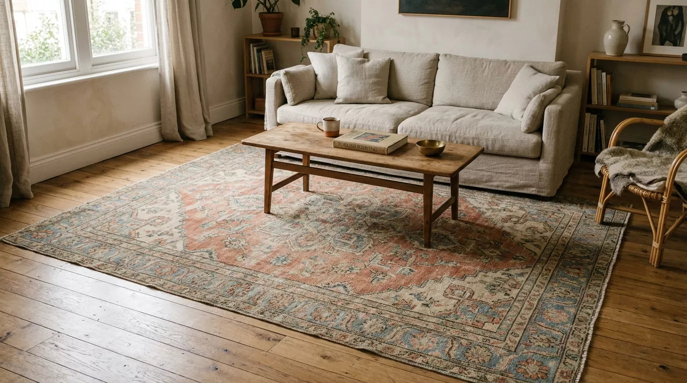 Vintage Turkish Oushak rug with natural patina placed in a neutral living room setting