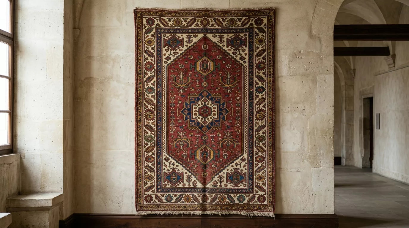 Antique Turkish rug in natural light showing traditional motifs, Anatolian character, and hand-knotted texture