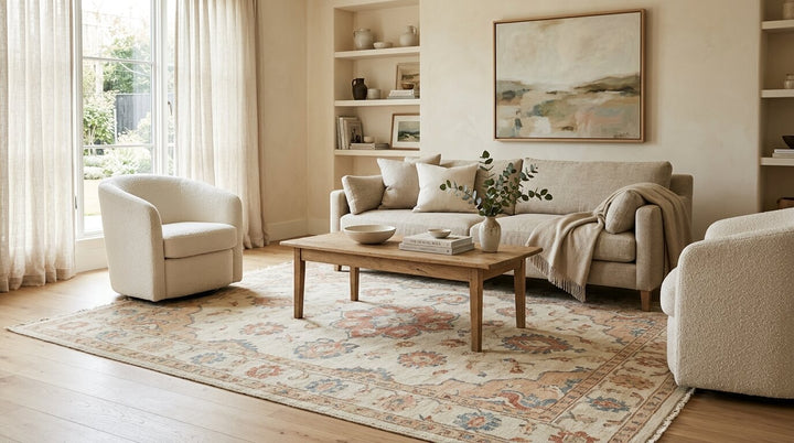 Light-toned Oushak rug in a quiet luxury living room with soft neutral furniture and warm wood flooring
