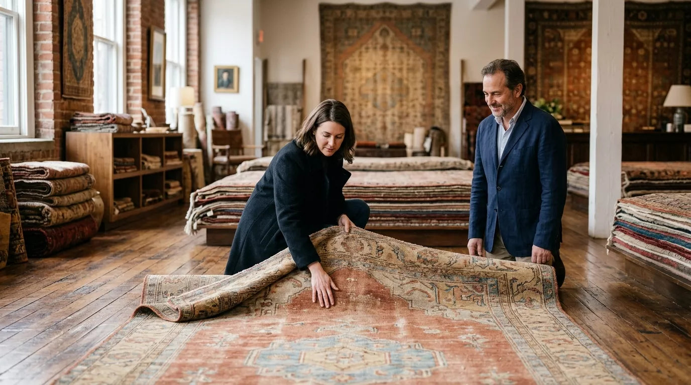 Buyer reviewing a vintage hand-knotted rug with a trusted dealer in a curated showroom