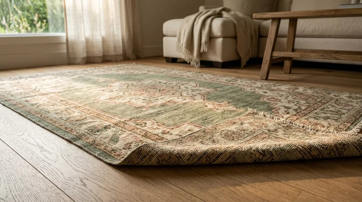 Hand-knotted wool rug with a folded edge showing the knot structure and fringe on the reverse, natural colour variation visible across the faded green field
