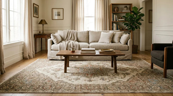 Hand-knotted wool rug in a calm living room showing natural comfort, soft texture, and long-term value.