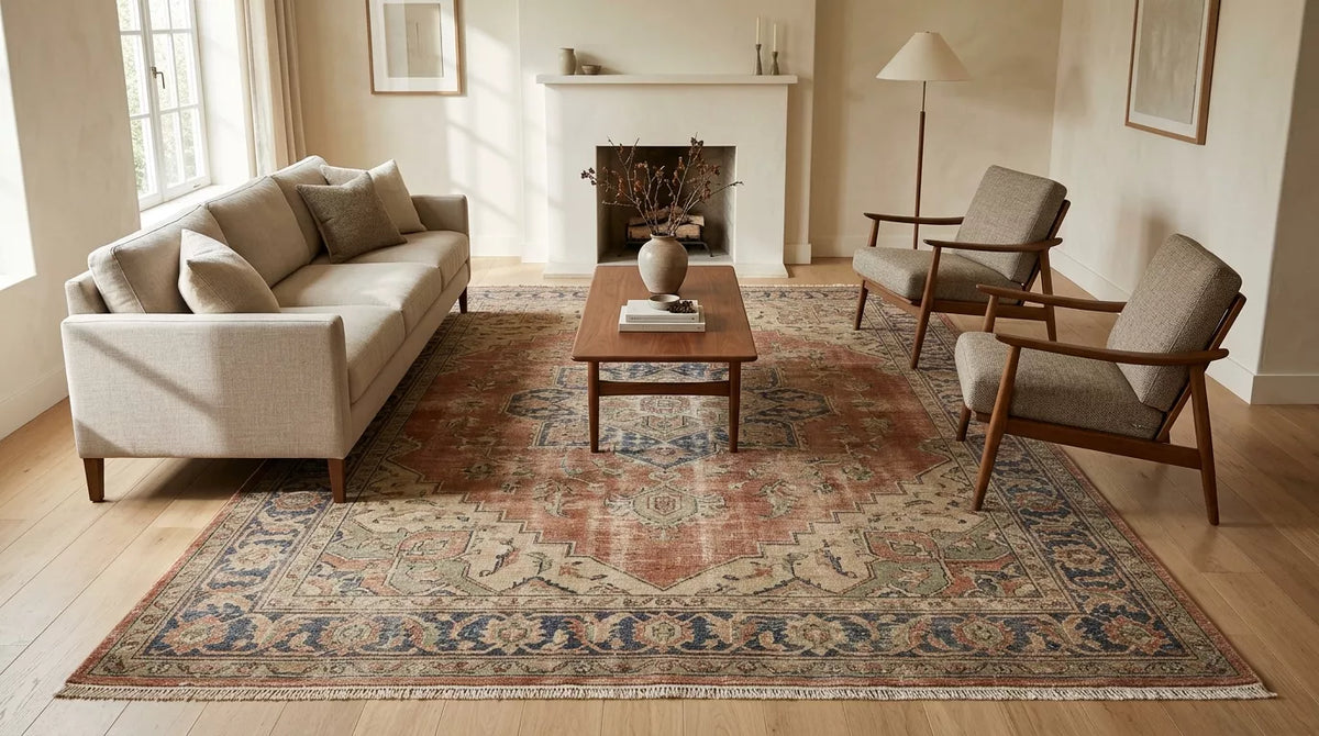 Vintage Oriental-style wool 10x12 area rug anchoring a bright neutral living room with a sofa and two lounge chairs.