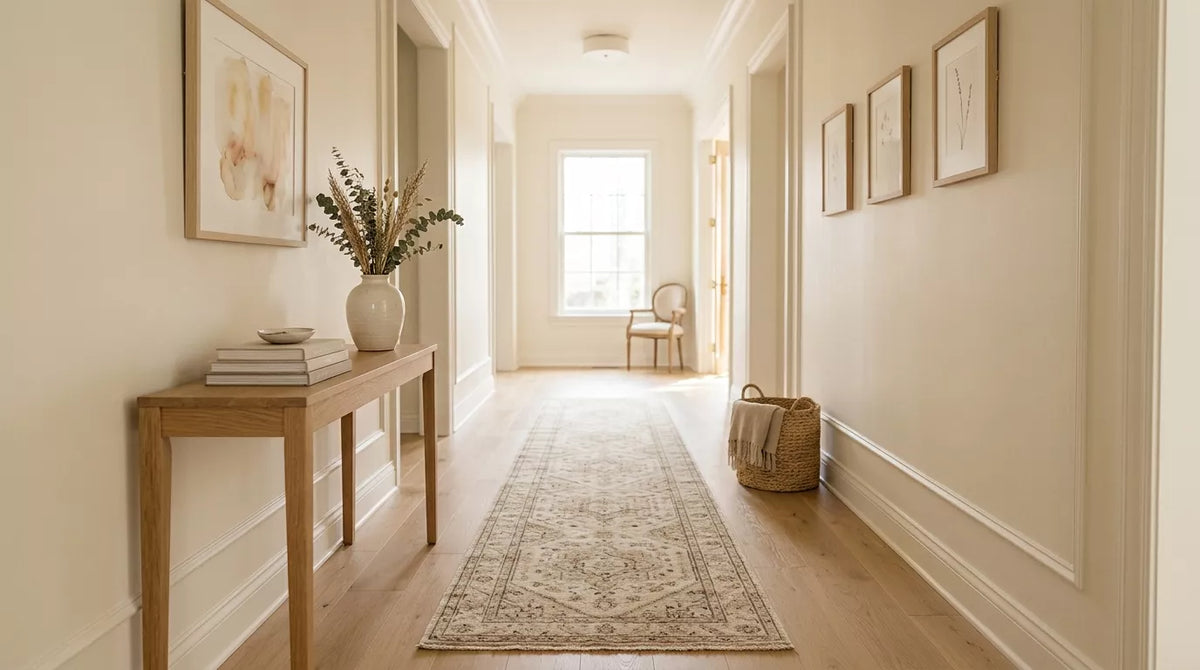 Handmade 14ft runner rug in a bright neutral hallway with light wood floors