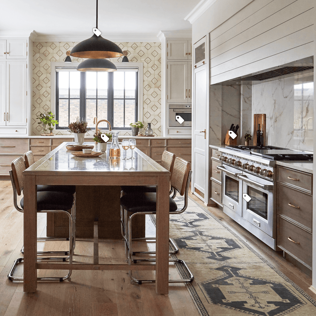 Long 14-foot runner rug extending through a kitchen and dining area with warm wood flooring