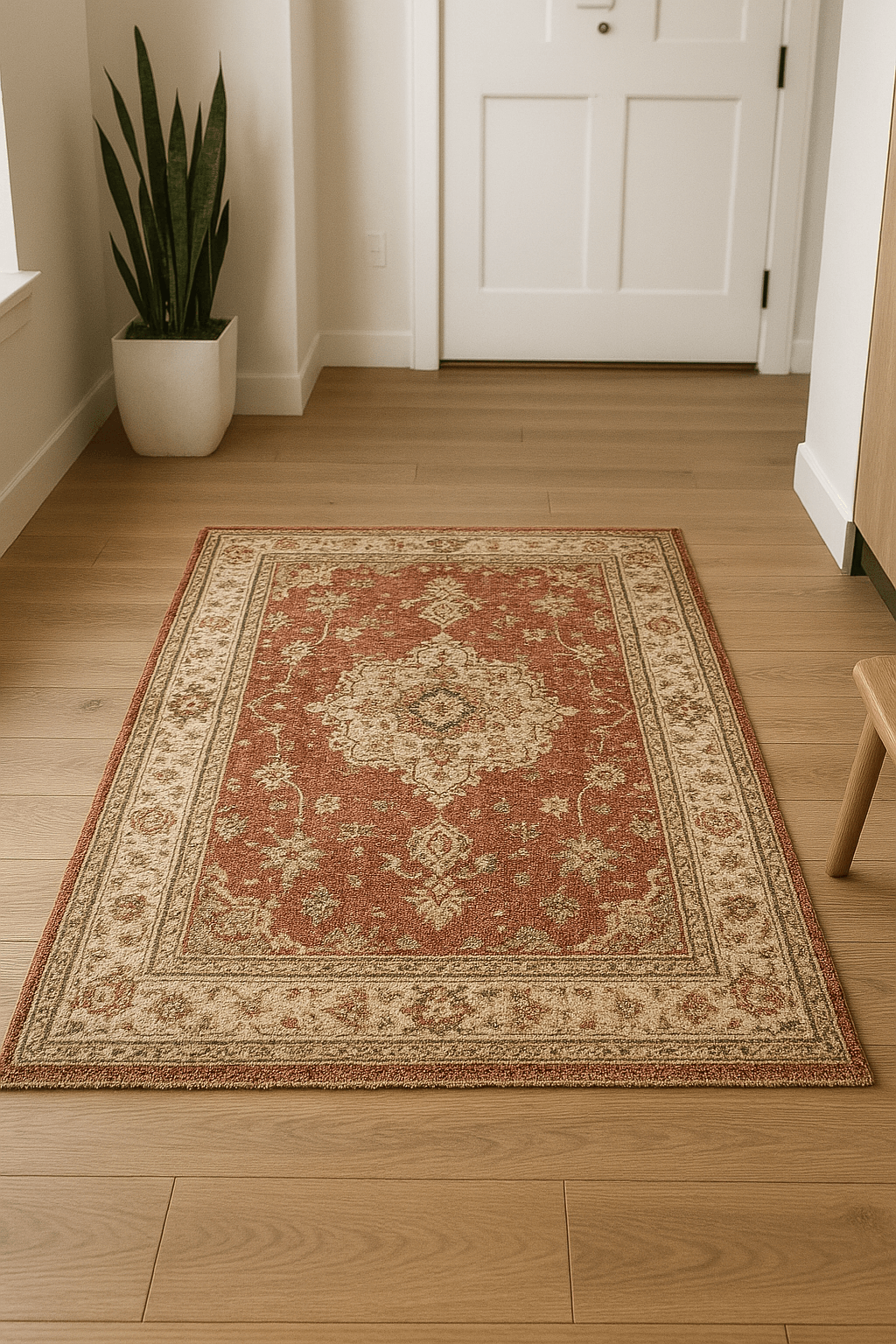 Traditional 3x5 rug placed on a light wood floor in a small entryway