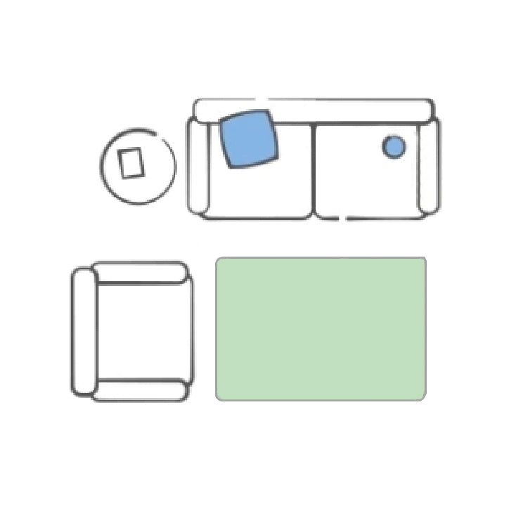 Room size guide for 3x5 to 5x8 rugs placed in front of a living room sofa