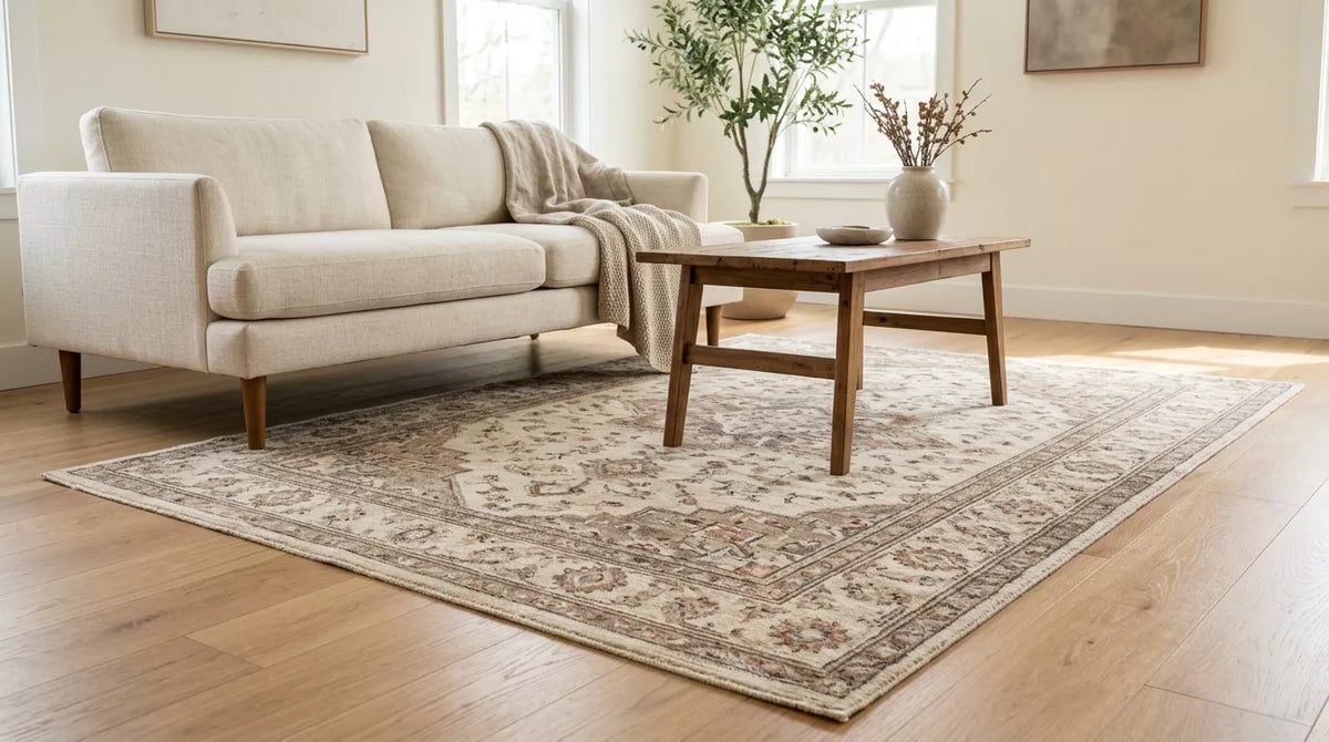 Handmade 6x10 area rug in a bright neutral living room with warm wood furniture