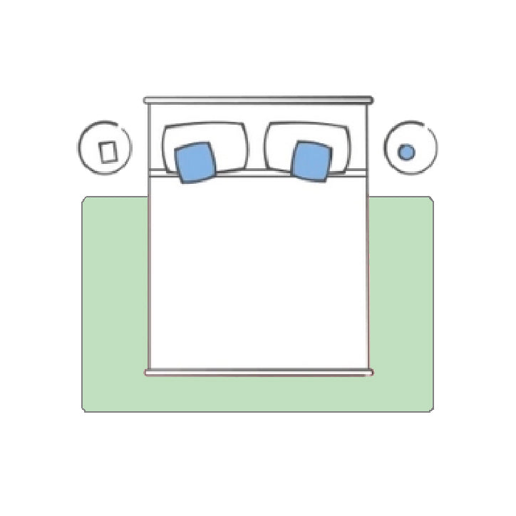 Bedroom size guide for 6x9 to 8x10 rugs positioned beneath a bed