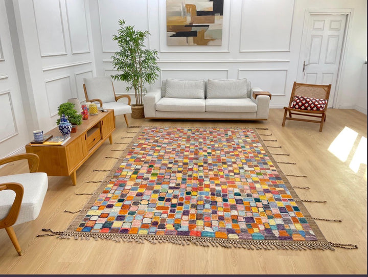 7x10 Unique Wool Kilim Rug – Multicolor Tribal Flatweave, Bohemian Carpet