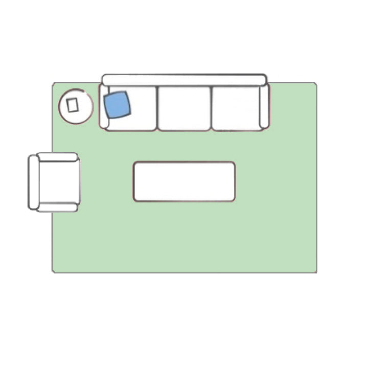 Living room size guide for 8x10 to 9x12 rugs placed beneath a sofa, coffee table and accent chair
