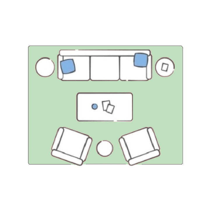 Living room size guide for 9x12 and larger rugs beneath a complete seating arrangement