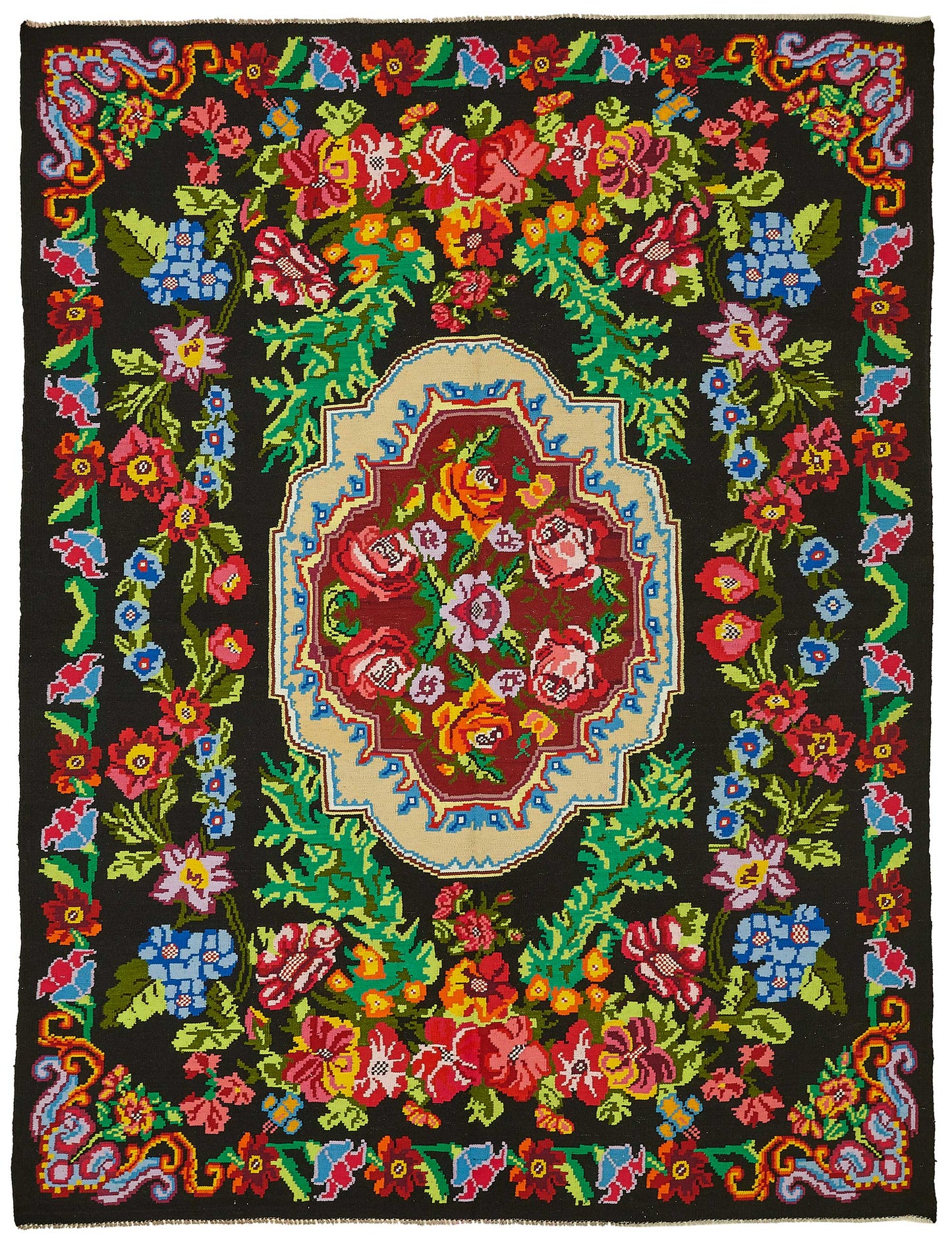 7x10 Black Vintage Moldovan Kilim Rug - 22188