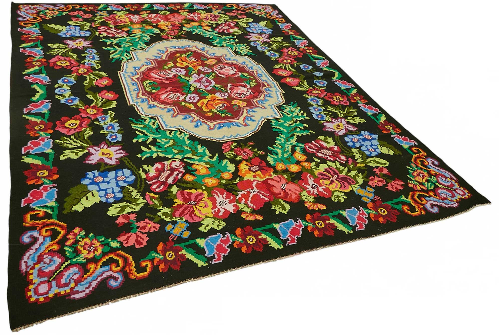 7x10 Black Vintage Moldovan Kilim Rug - 22188