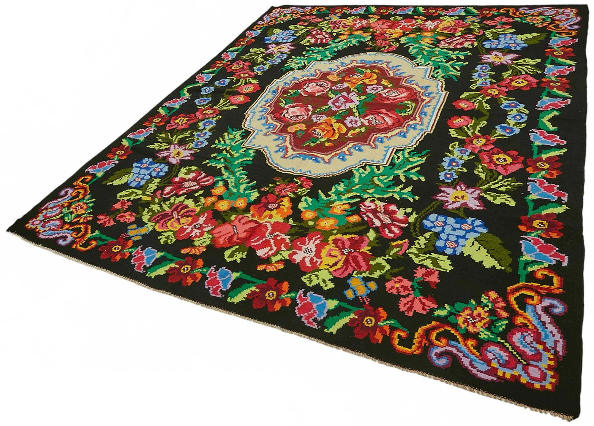 7x10 Black Vintage Moldovan Kilim Rug - 22188