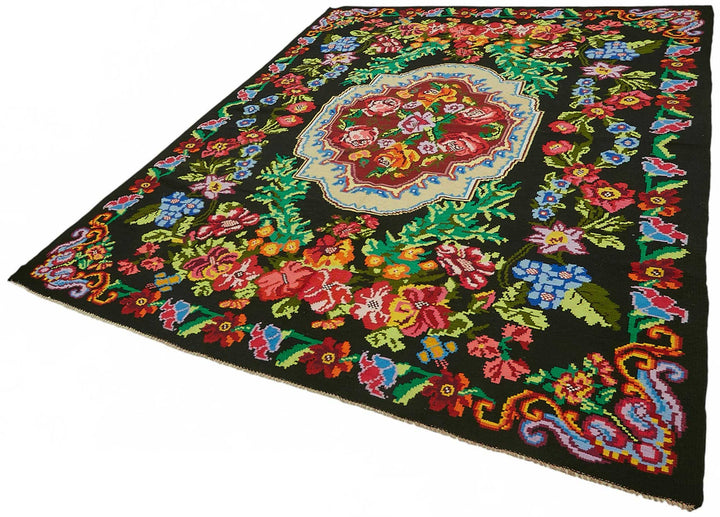 7x10 Black Vintage Moldovan Kilim Rug - 22188