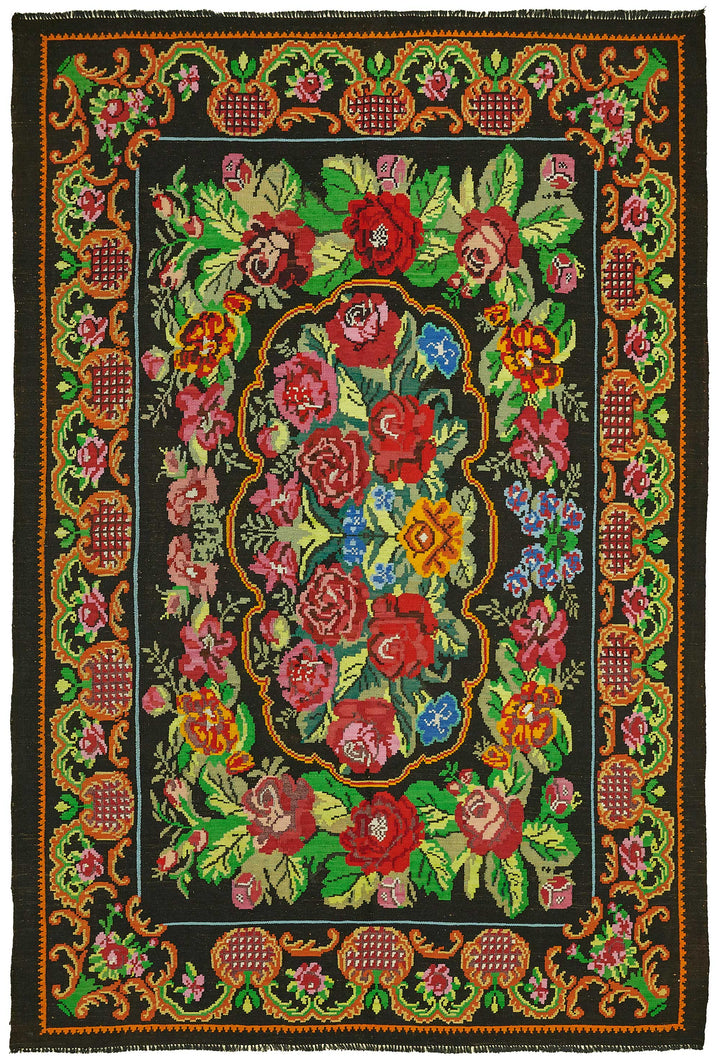 7x10 Black Vintage Moldovan Kilim Rug - 22203