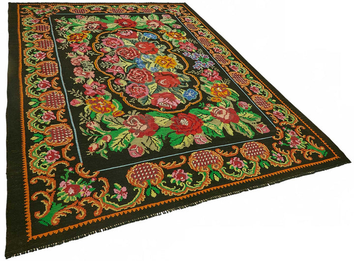 7x10 Black Vintage Moldovan Kilim Rug - 22203