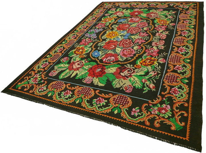 7x10 Black Vintage Moldovan Kilim Rug - 22203