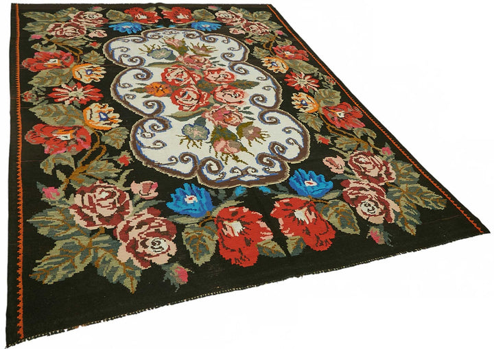 7x10 Black Vintage Moldovan Kilim Rug - 22207