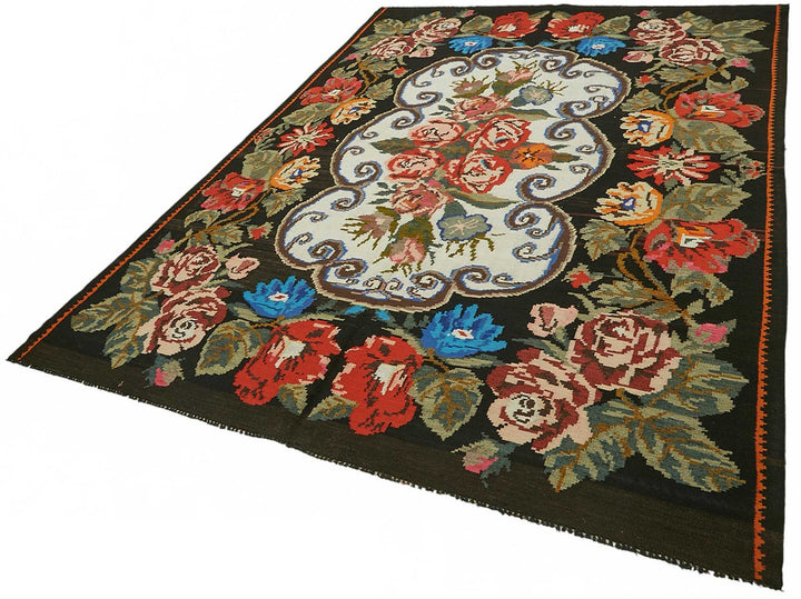 7x10 Black Vintage Moldovan Kilim Rug - 22207