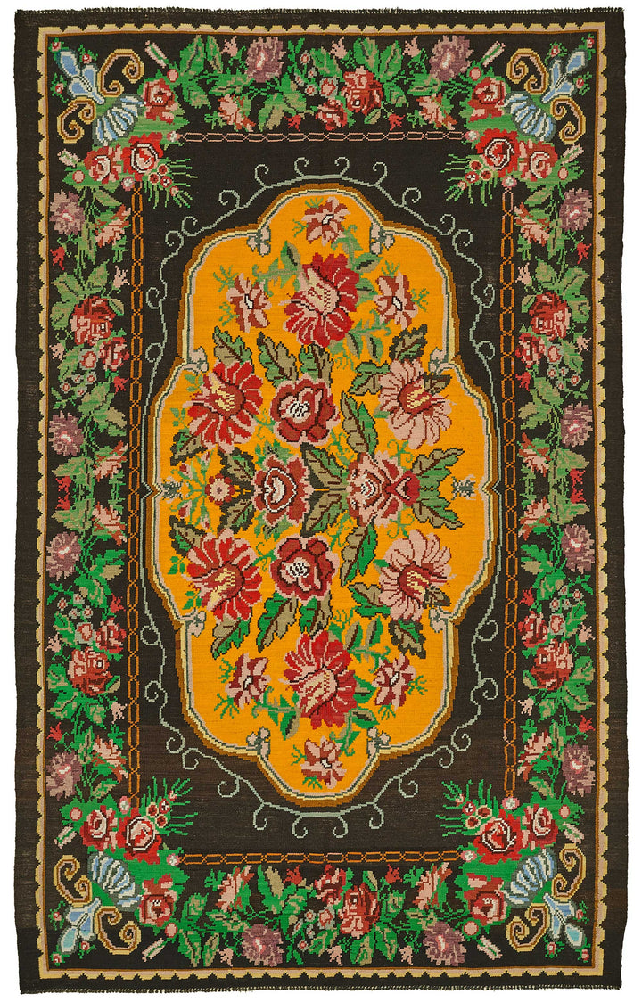 7x11 Black Vintage Moldovan Kilim Rug - 22223