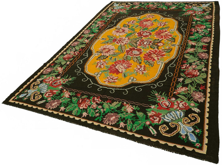 7x11 Black Vintage Moldovan Kilim Rug - 22223