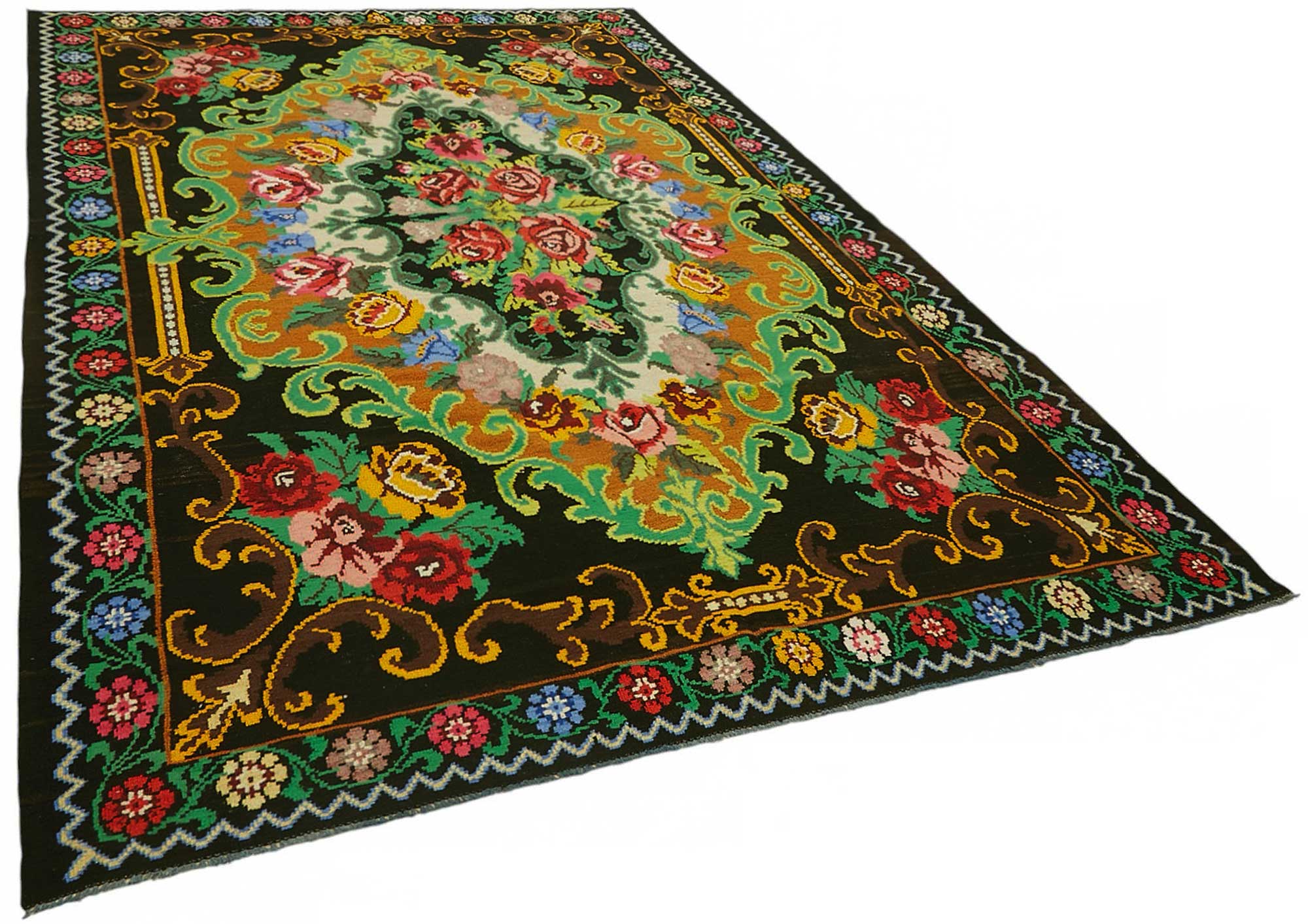 7x11 Black Vintage Moldovan Kilim Rug - 22231
