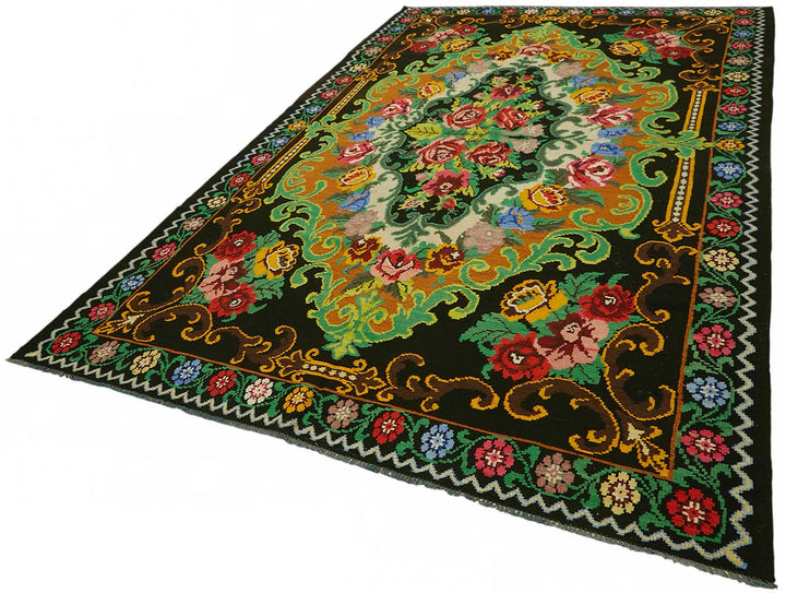 7x11 Black Vintage Moldovan Kilim Rug - 22231