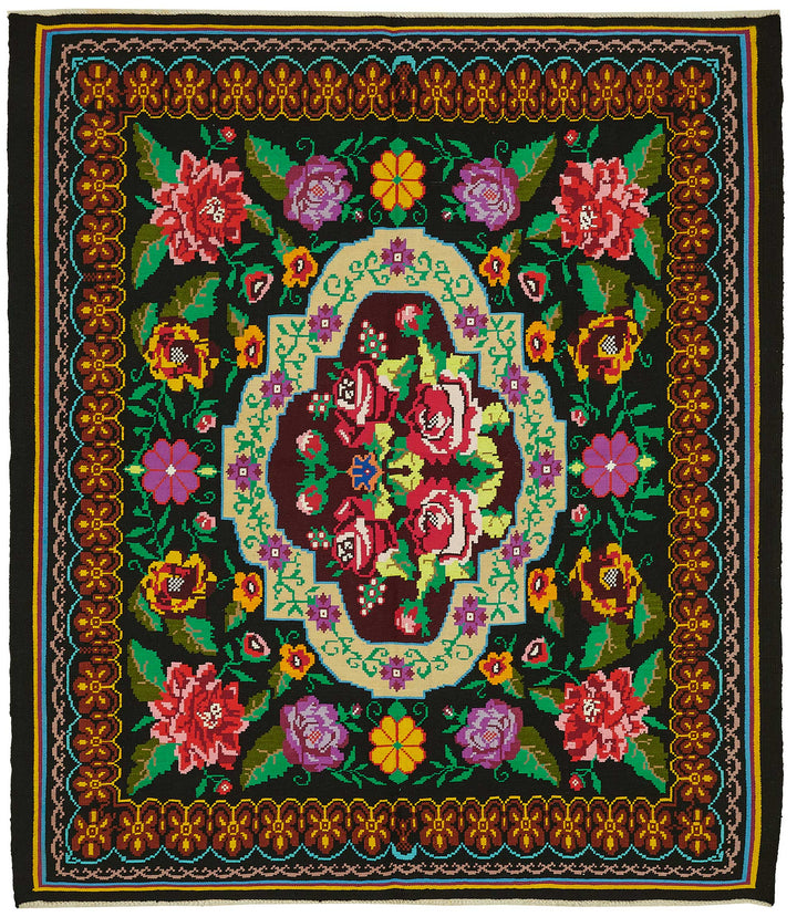 7x8 Black Vintage Moldovan Kilim Rug - 22232