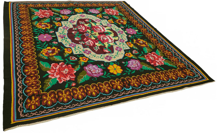 7x8 Black Vintage Moldovan Kilim Rug - 22232