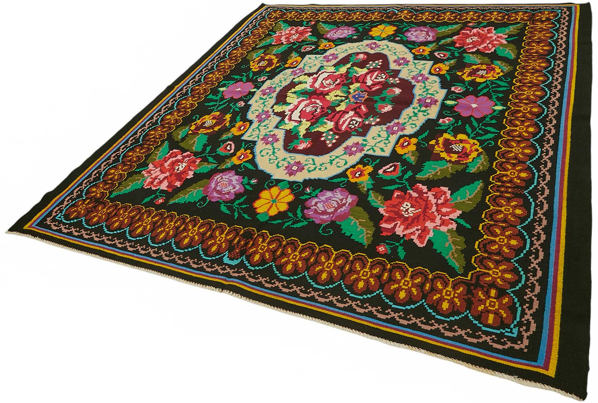 7x8 Black Vintage Moldovan Kilim Rug - 22232