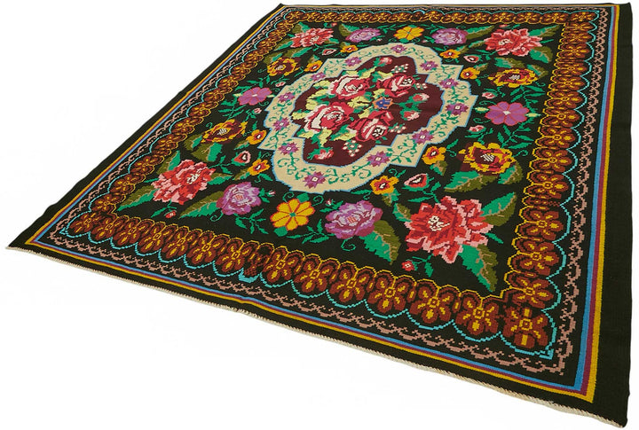 7x8 Black Vintage Moldovan Kilim Rug - 22232