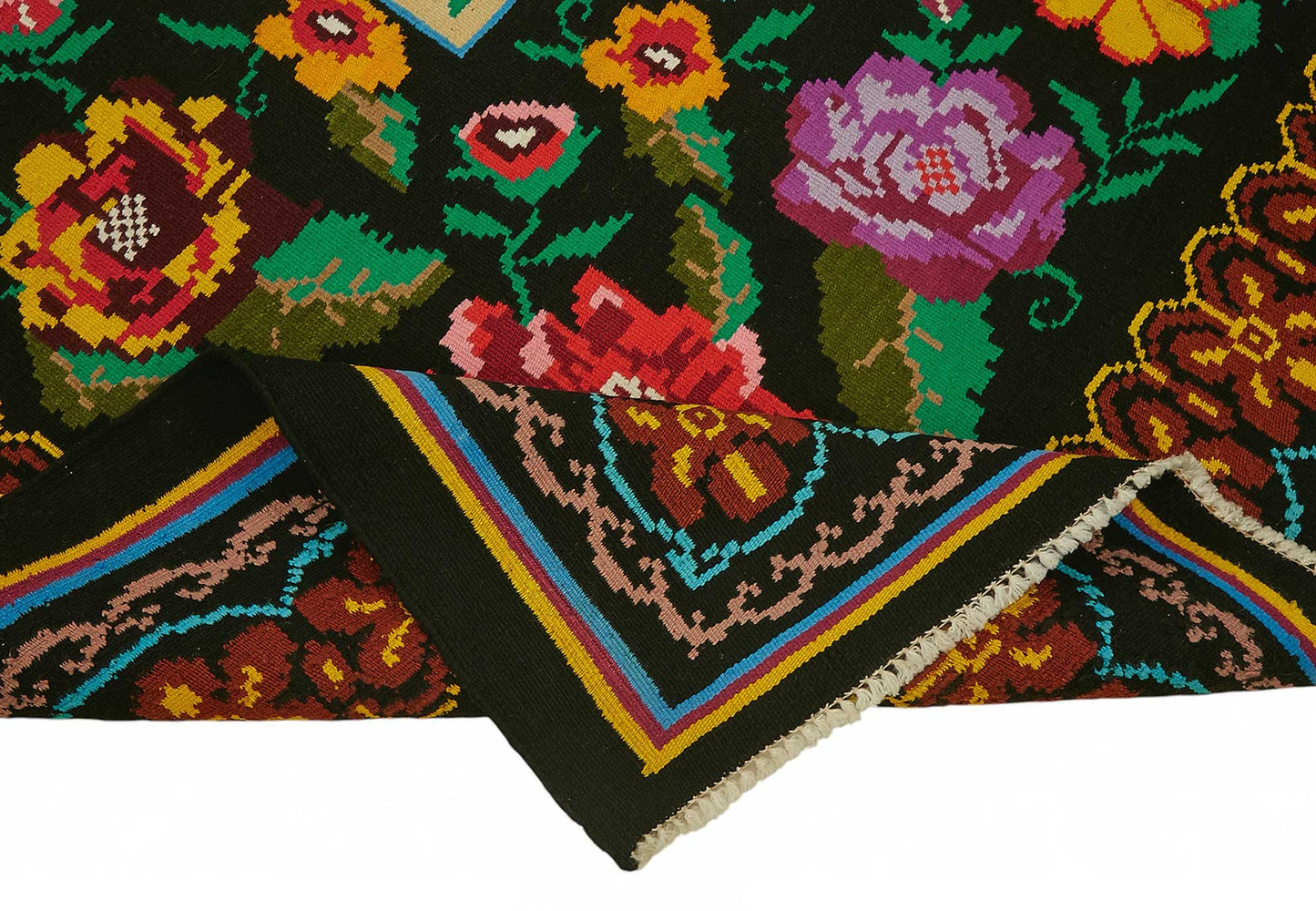 7x8 Black Vintage Moldovan Kilim Rug - 22232