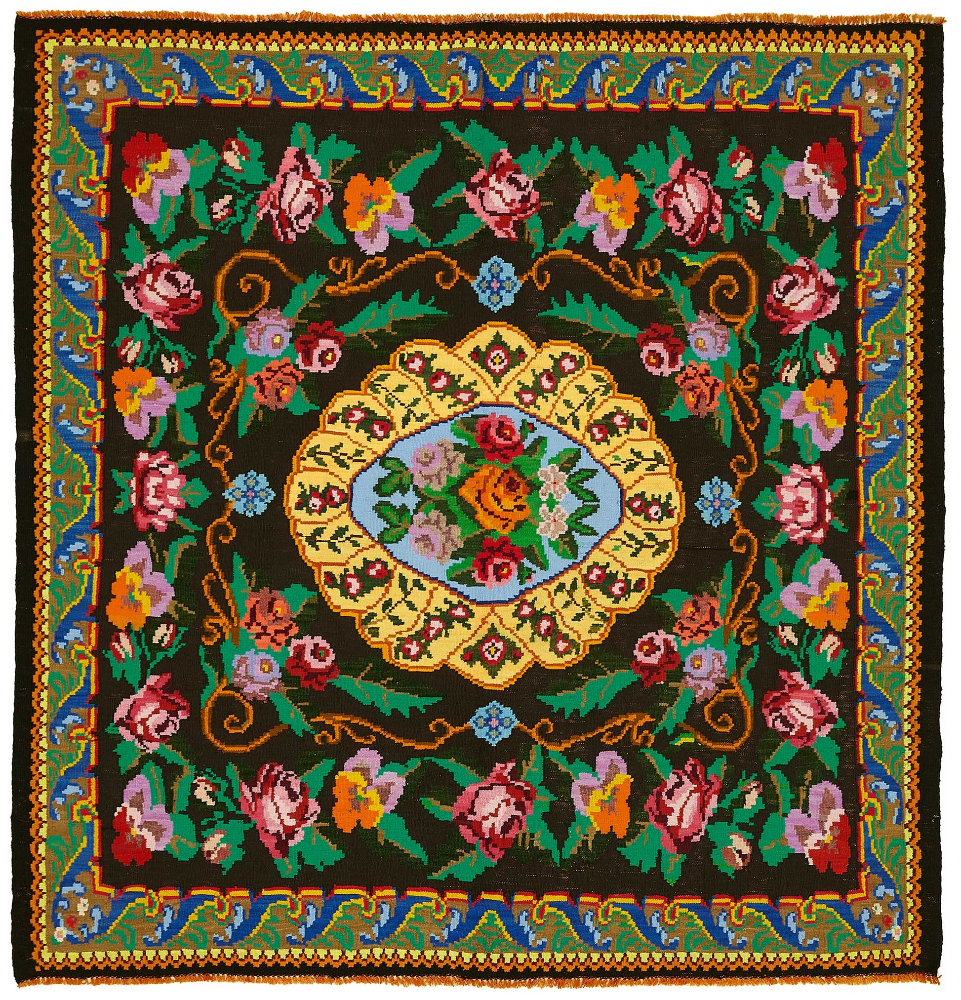7x7 Black Vintage Moldovan Kilim Rug - 22233