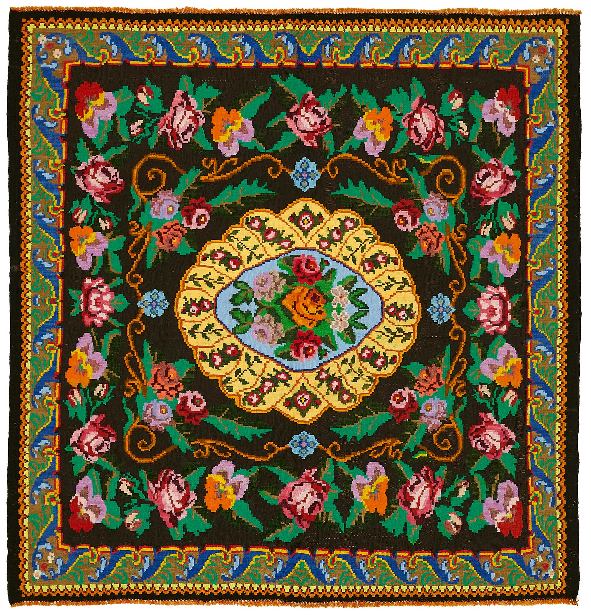 7x7 Black Vintage Moldovan Kilim Rug - 22233