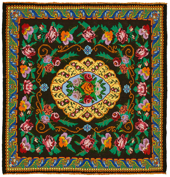 7x7 Black Vintage Moldovan Kilim Rug - 22233