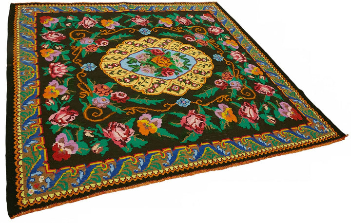 7x7 Black Vintage Moldovan Kilim Rug - 22233