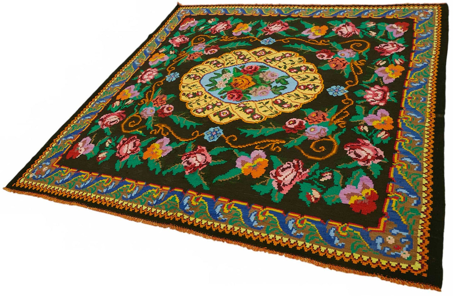 7x7 Black Vintage Moldovan Kilim Rug - 22233