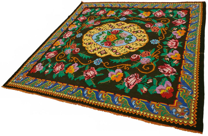 7x7 Black Vintage Moldovan Kilim Rug - 22233