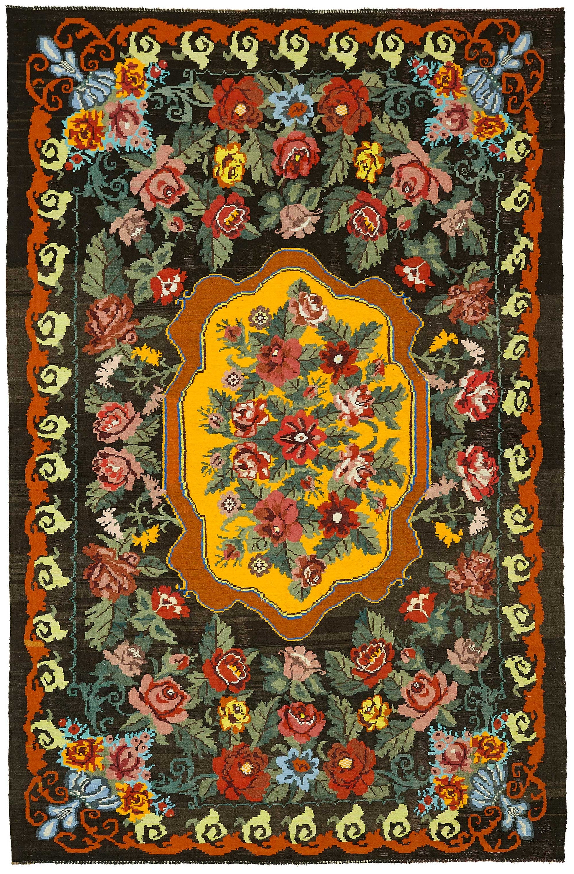7x11 Black Vintage Moldovan Kilim Rug - 22234