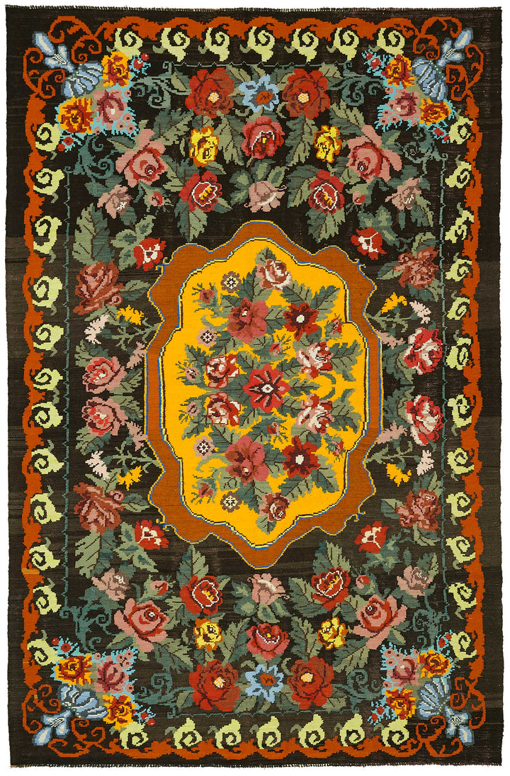 7x11 Black Vintage Moldovan Kilim Rug - 22234