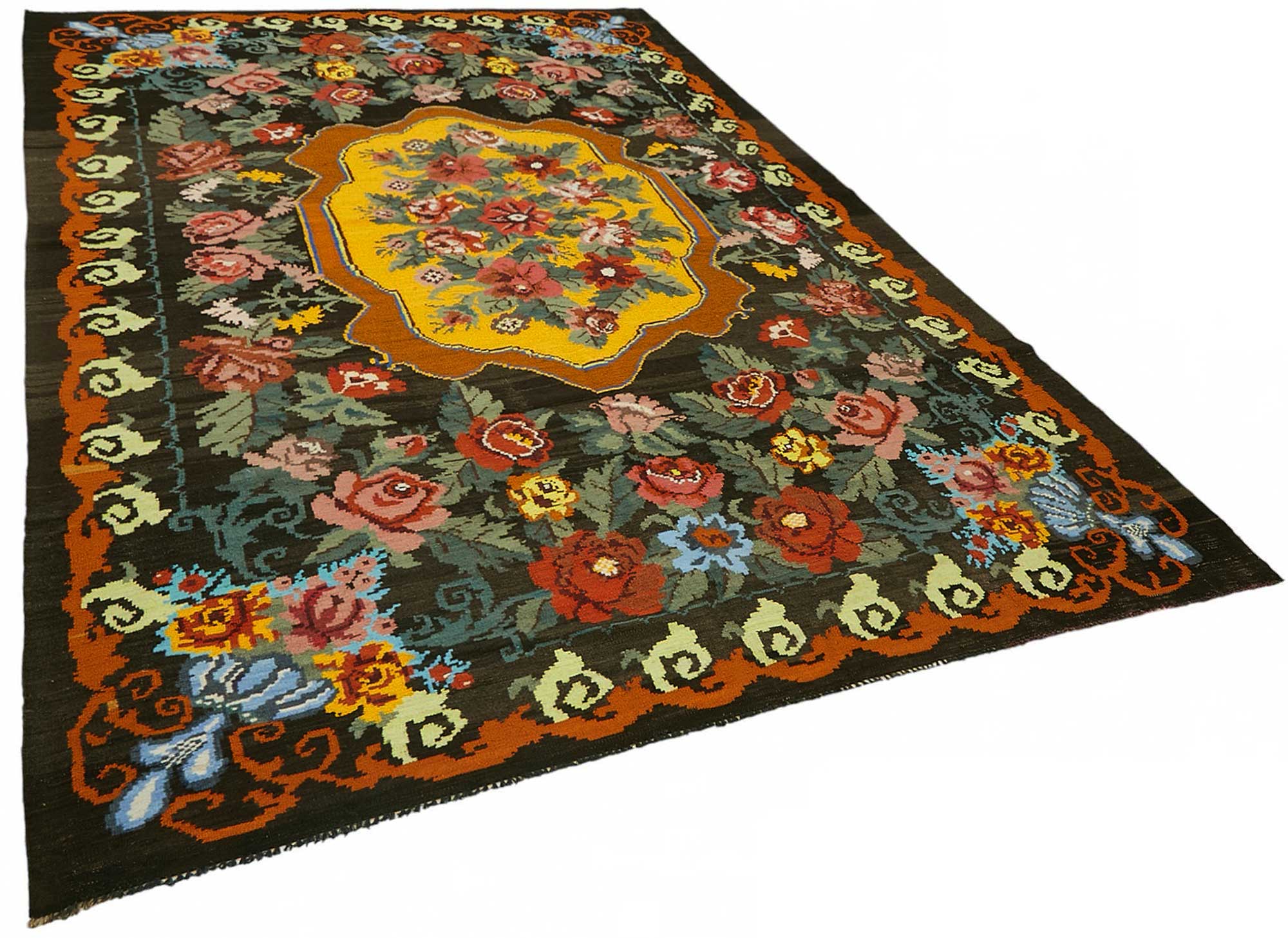 7x11 Black Vintage Moldovan Kilim Rug - 22234