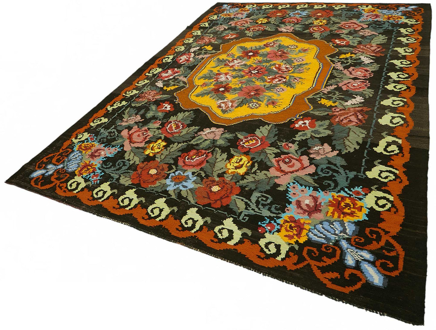 7x11 Black Vintage Moldovan Kilim Rug - 22234
